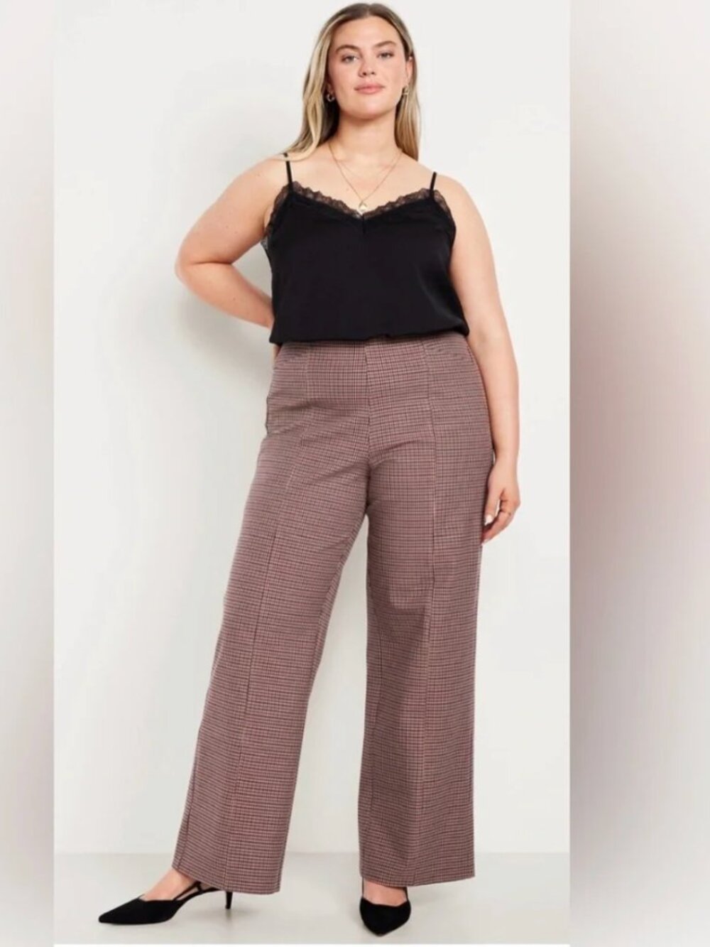 Old Navy High-Rise Pixie Wide Leg Pants Comfort Waistband Houndstooth Plaid